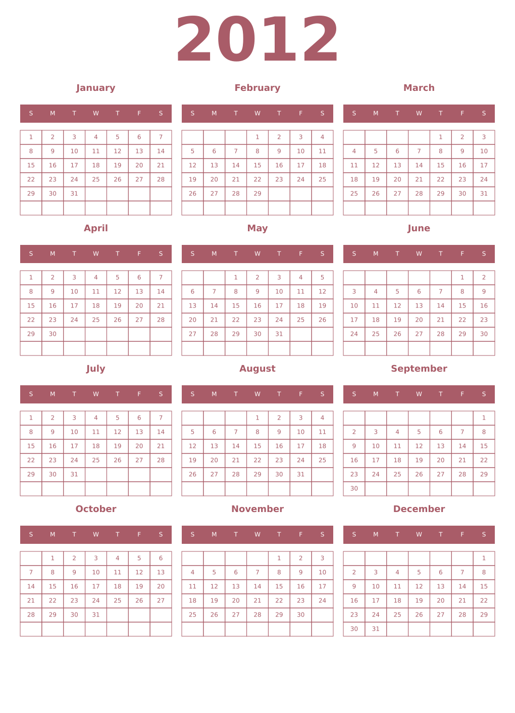 Printable 2012 Year Calendars puce