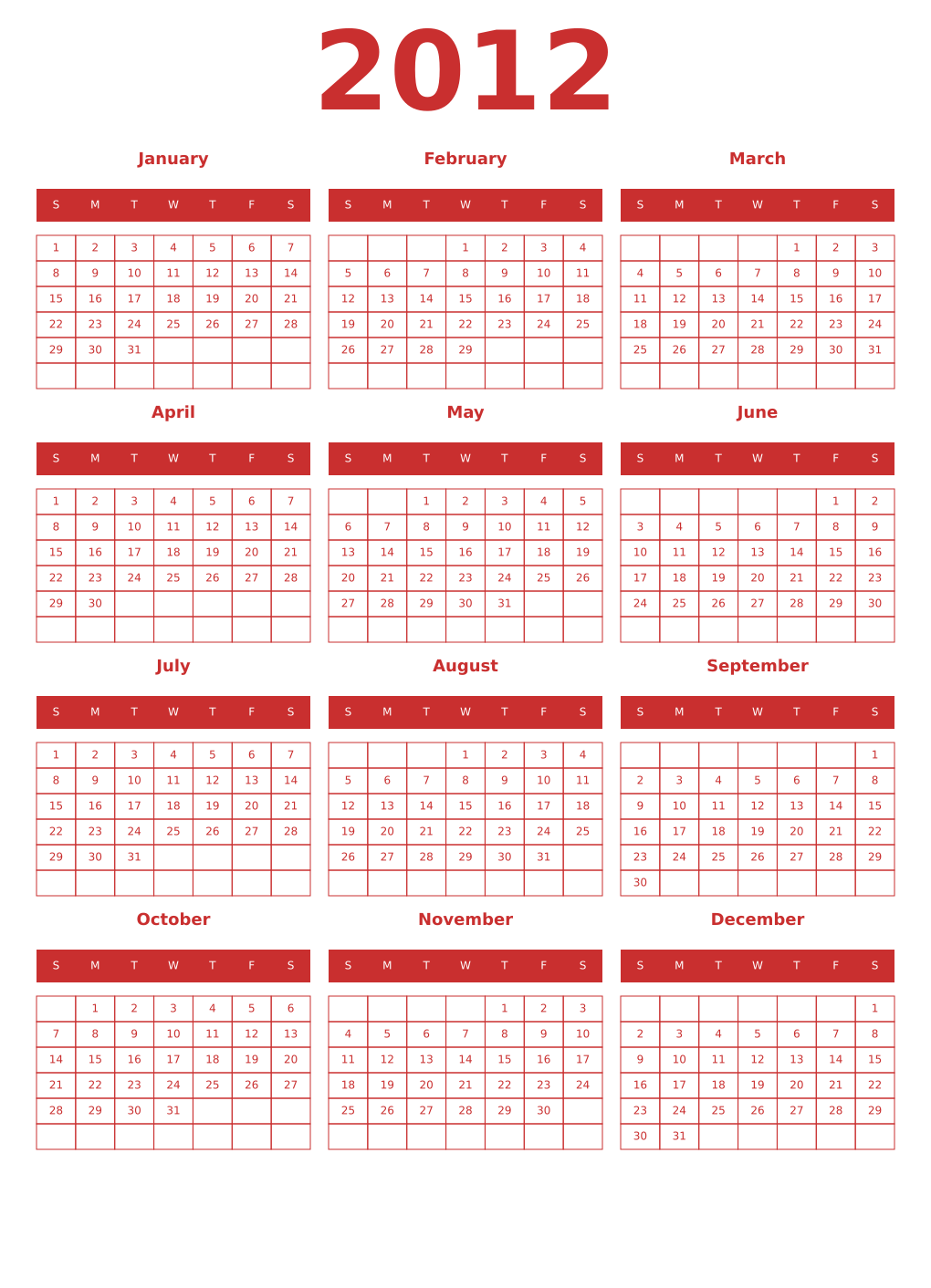 Printable 2012 Year Calendars red