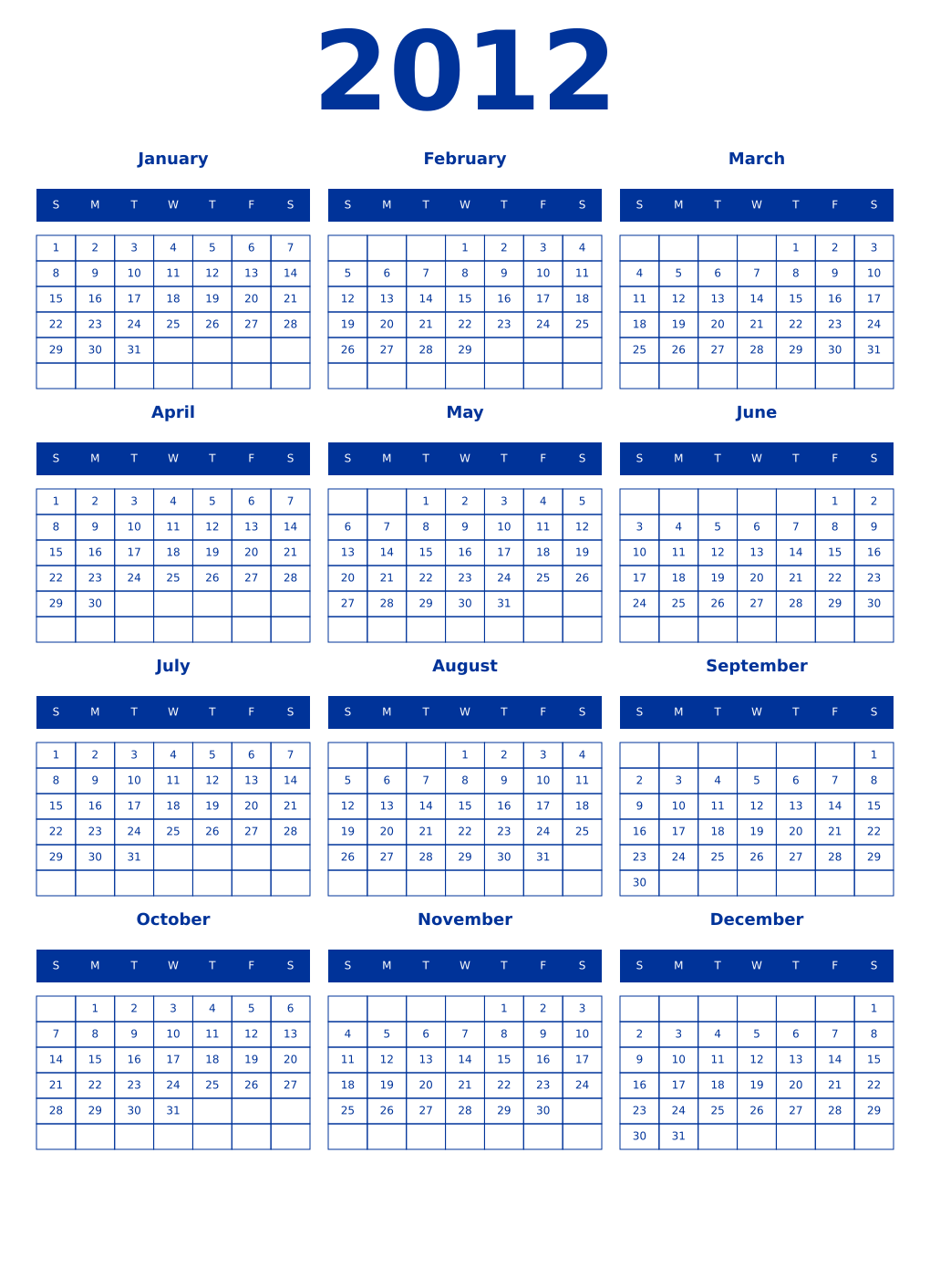 Printable 2012 Year Calendars smalt