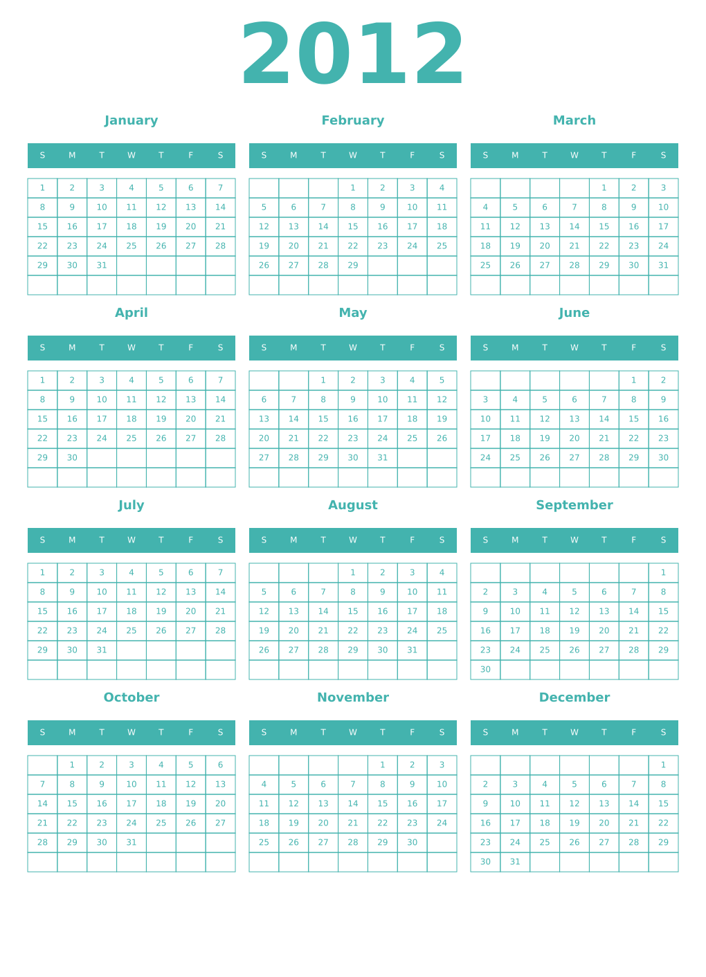 Printable 2012 Year Calendars verdigris
