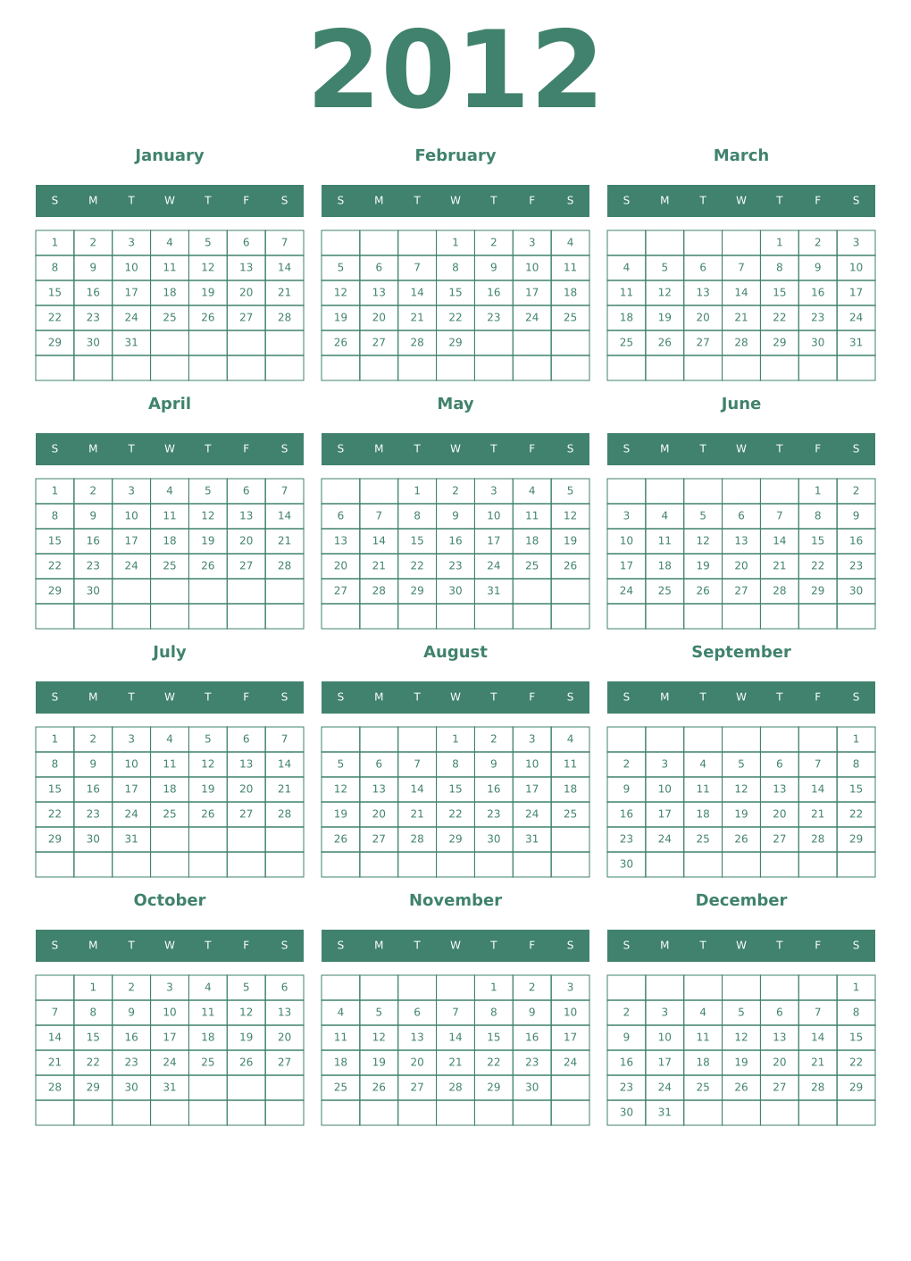 Printable 2012 Year Calendars viridian