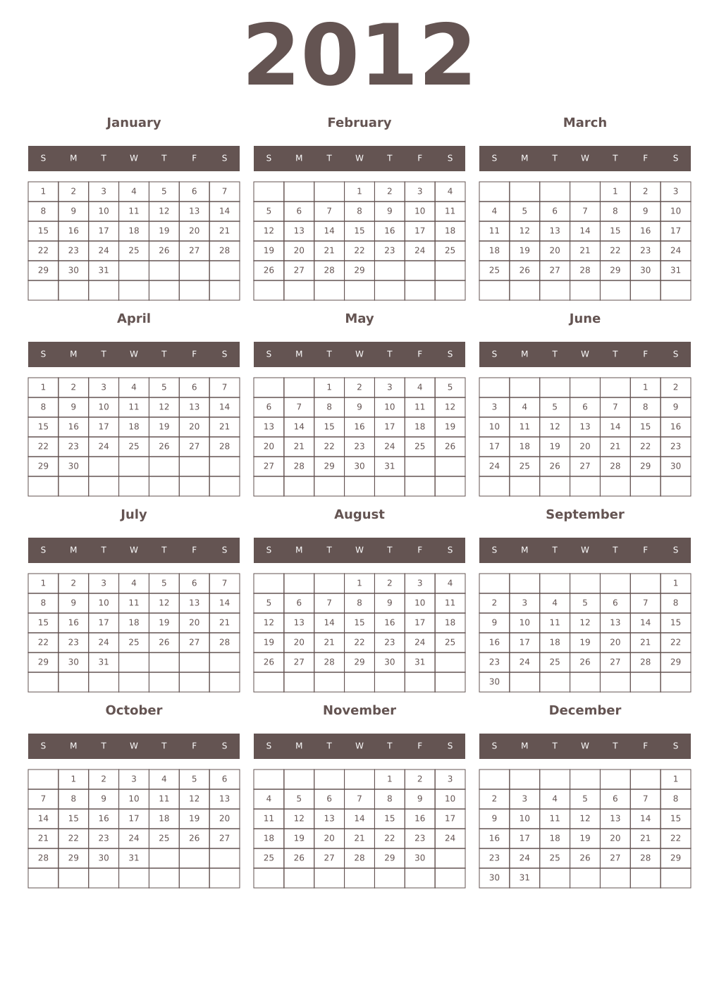 Printable 2012 Year Calendars wenge
