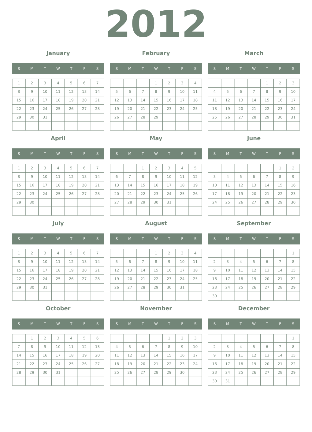 Printable 2012 Year Calendars xanadu