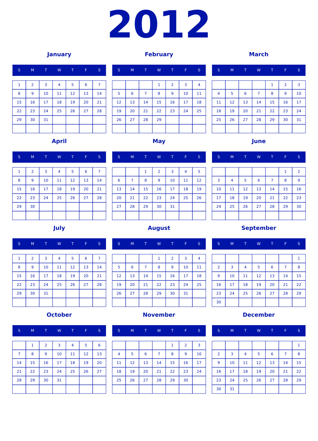 Printable 2012 Year Calendars zaffre