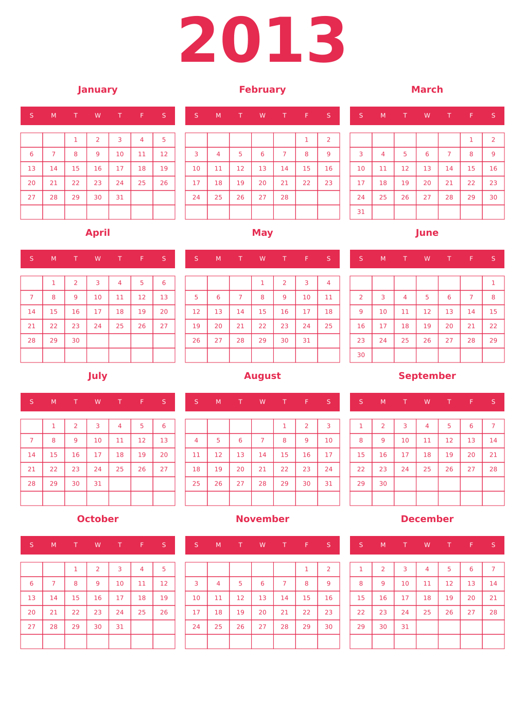 Printable 2013 Year Calendars amaranth