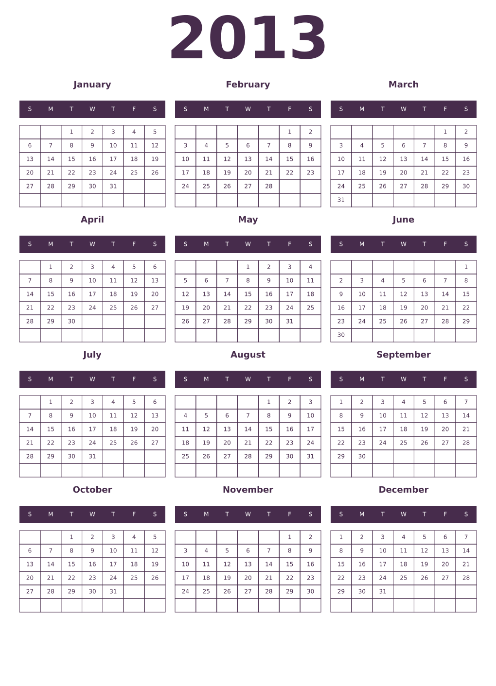 Printable 2013 Year Calendars aubergine