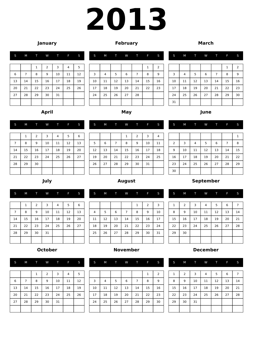 Printable 2013 Year Calendars black