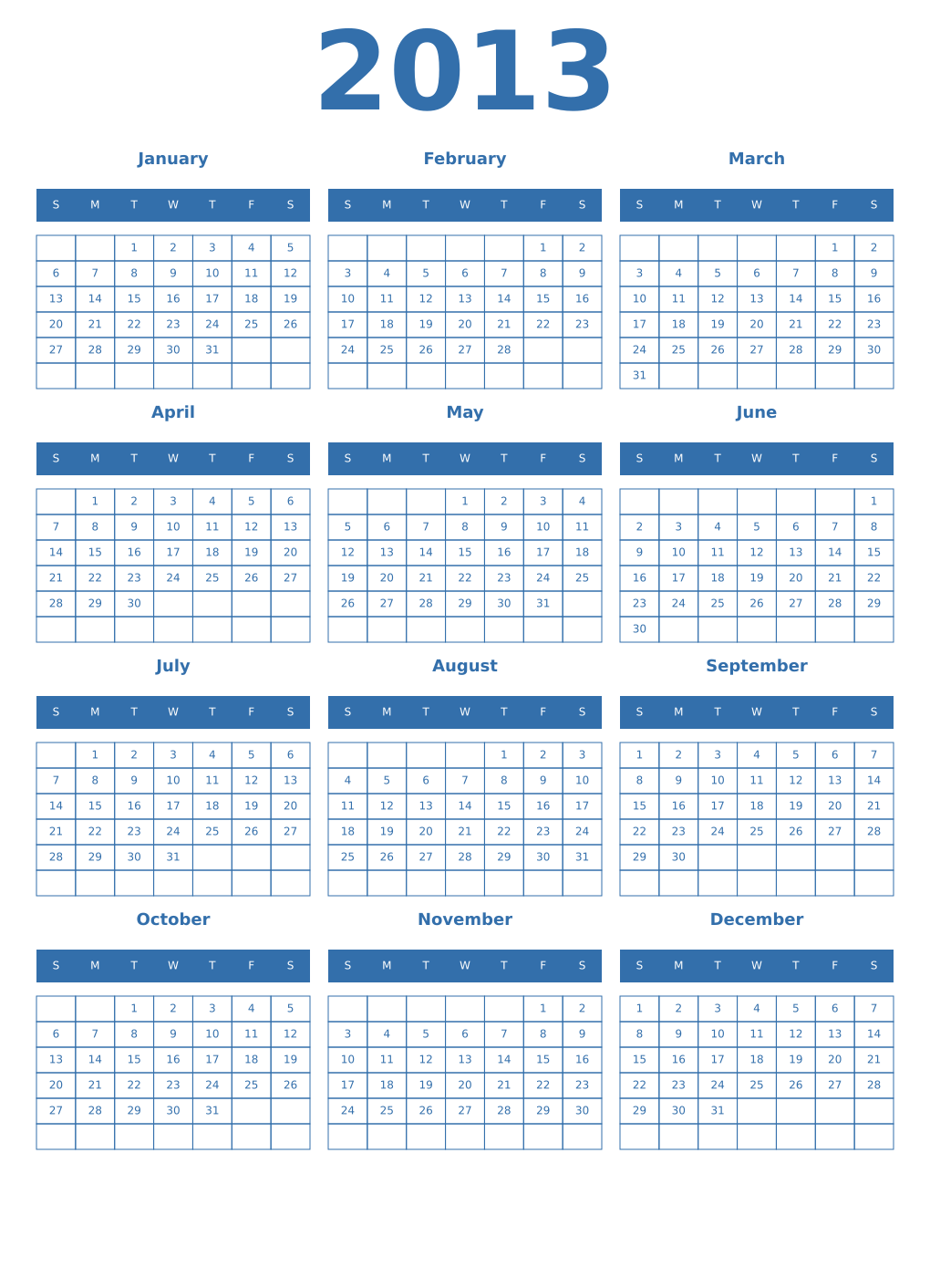 Printable 2013 Year Calendars blue