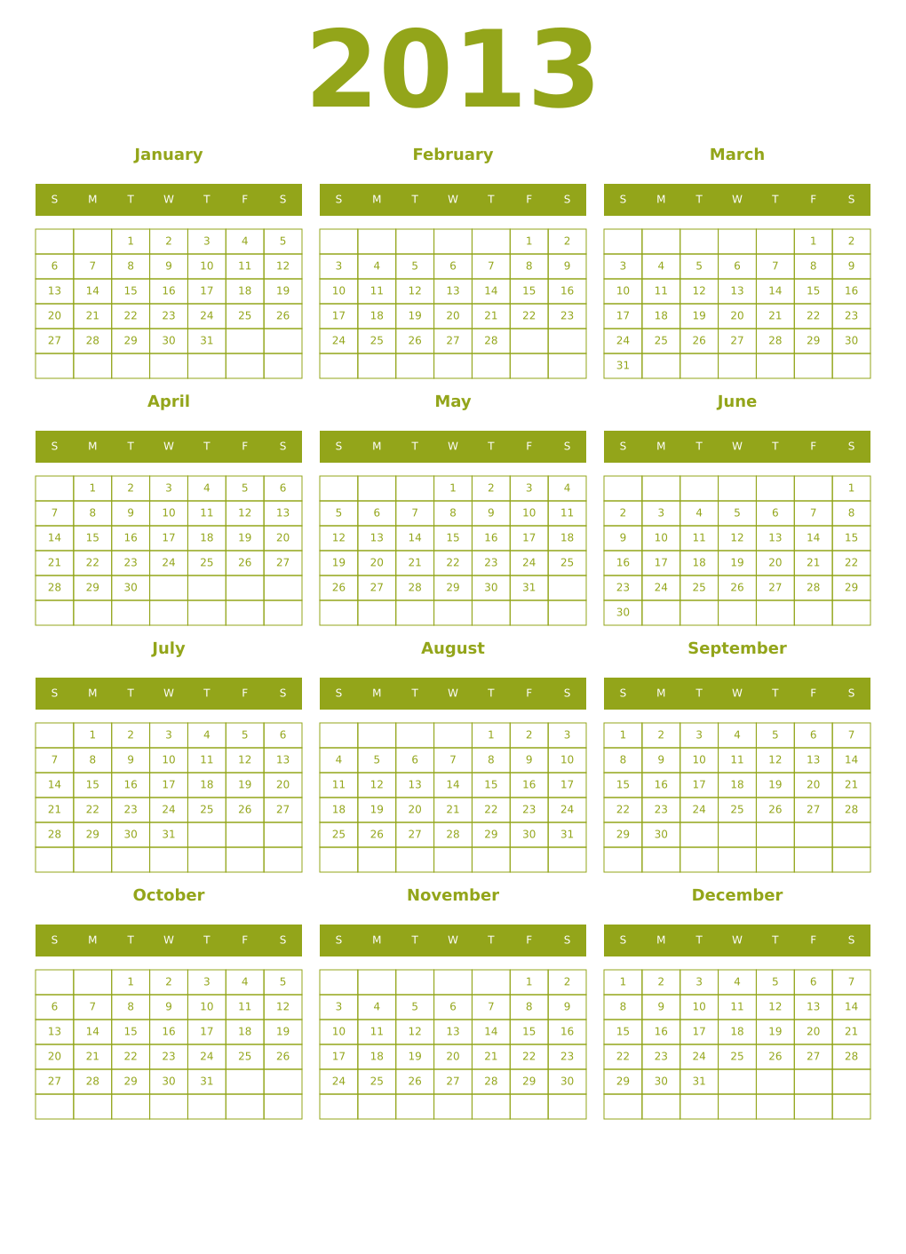 Printable 2013 Year Calendars chartreuse