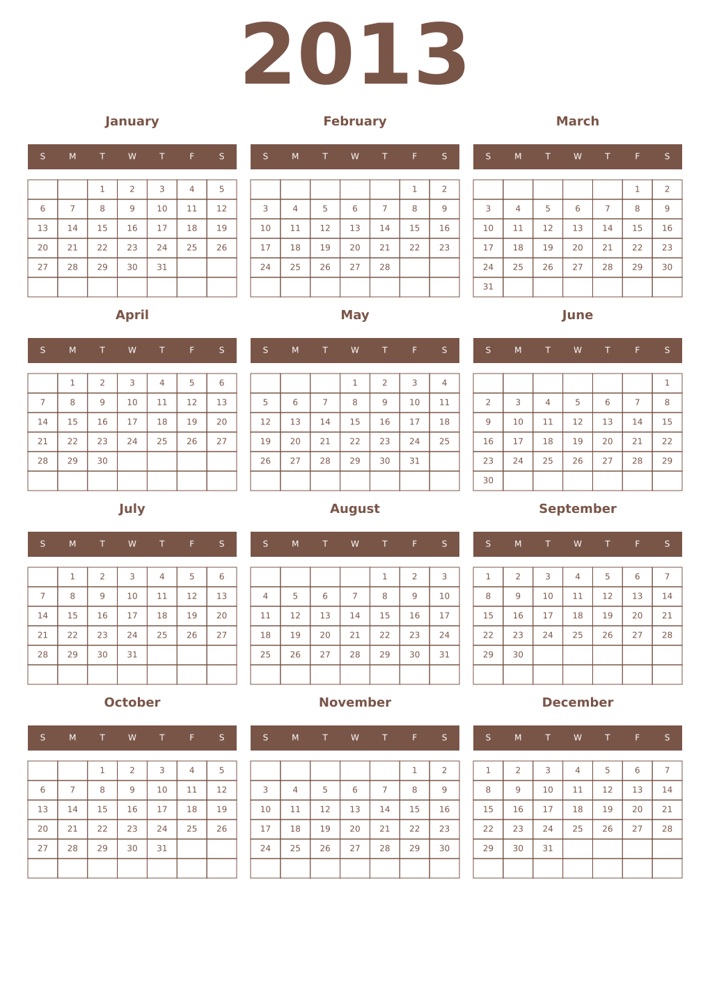 Printable 2013 Year Calendars coffe