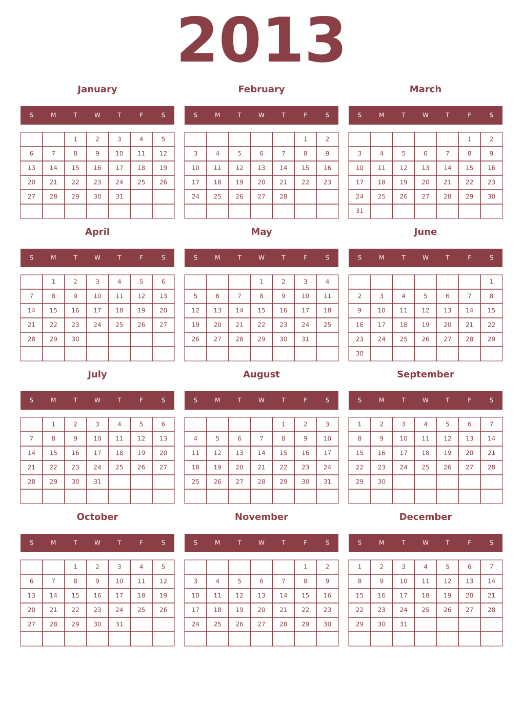 Printable 2013 Year Calendars cordovan