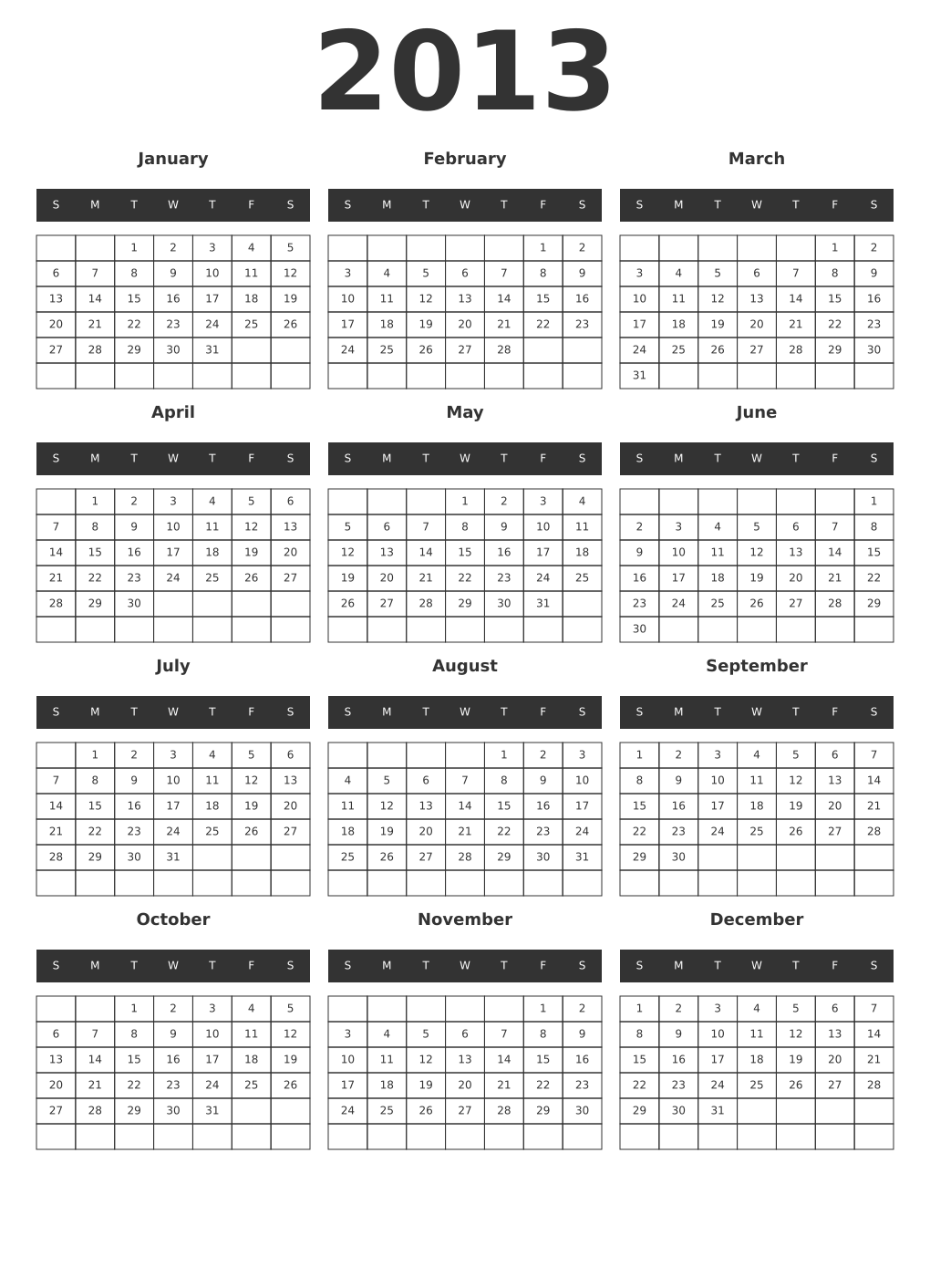 Printable 2013 Year Calendars dark
