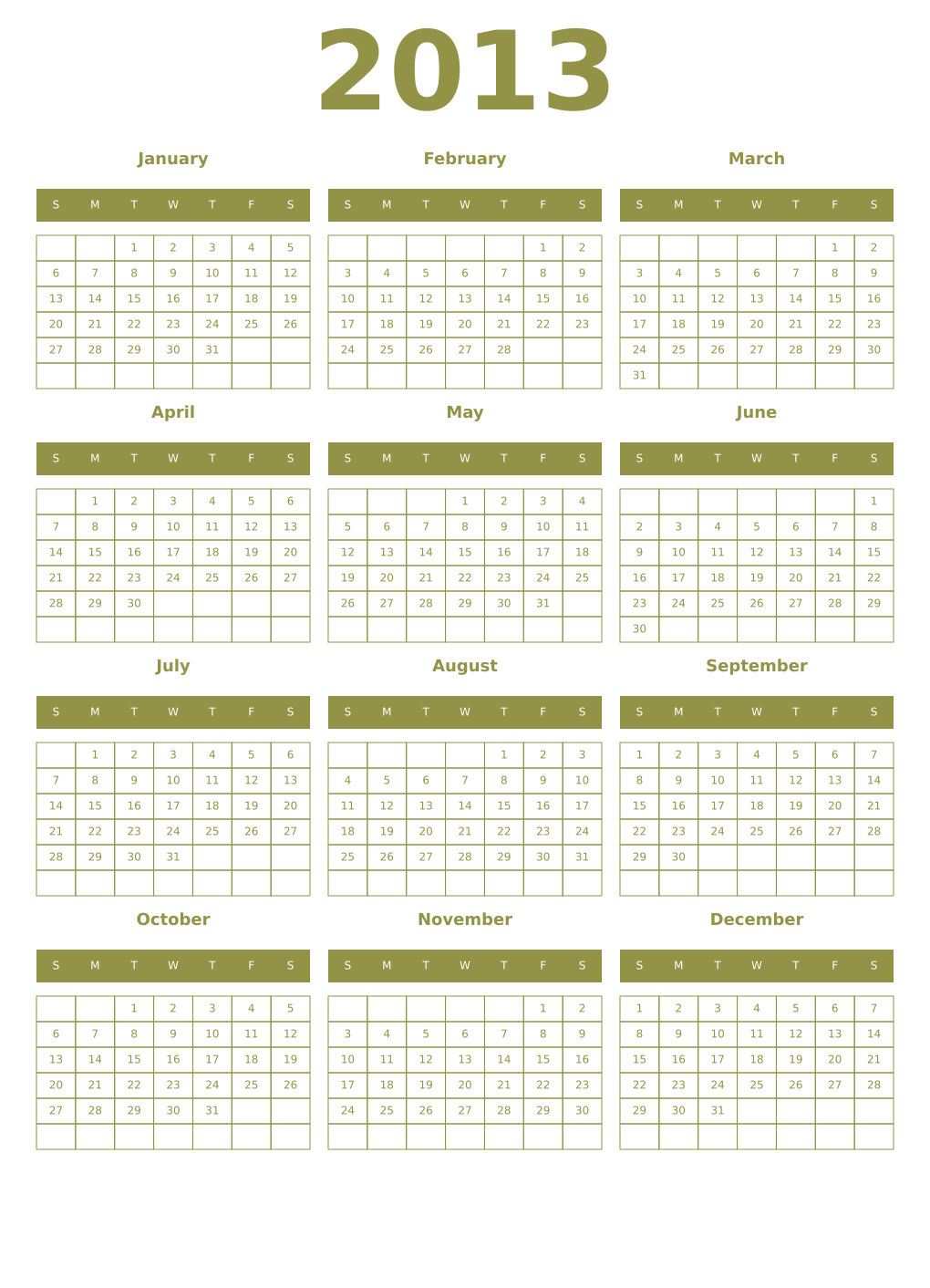 Printable 2013 Year Calendars eburnean