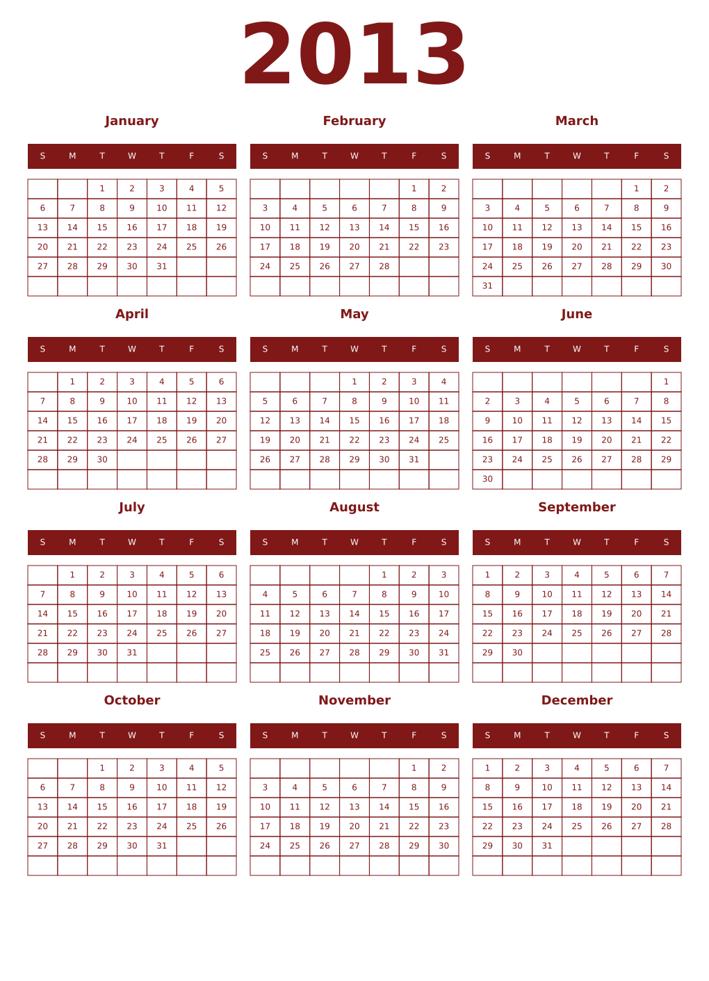 Printable 2013 Year Calendars falu