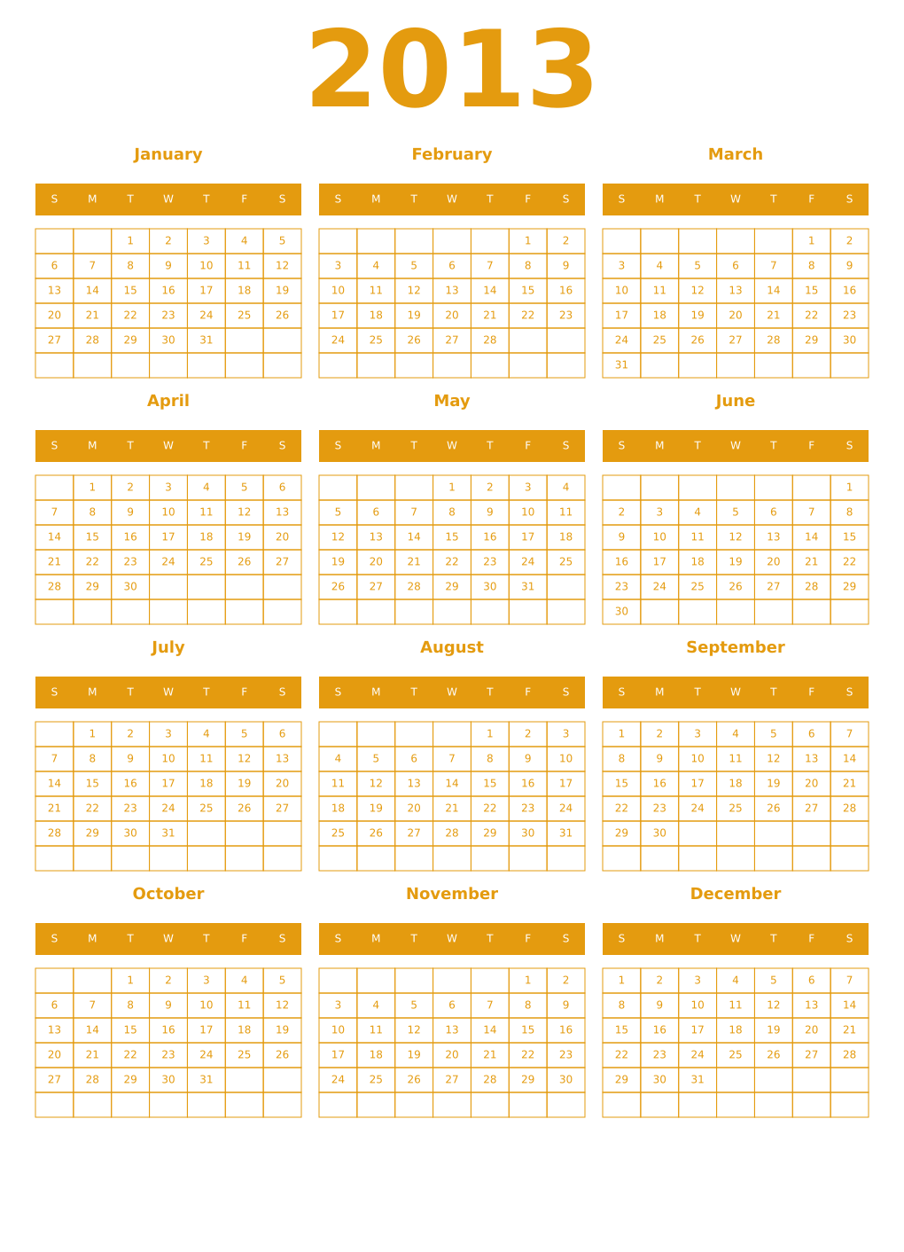 Printable 2013 Year Calendars gamboge