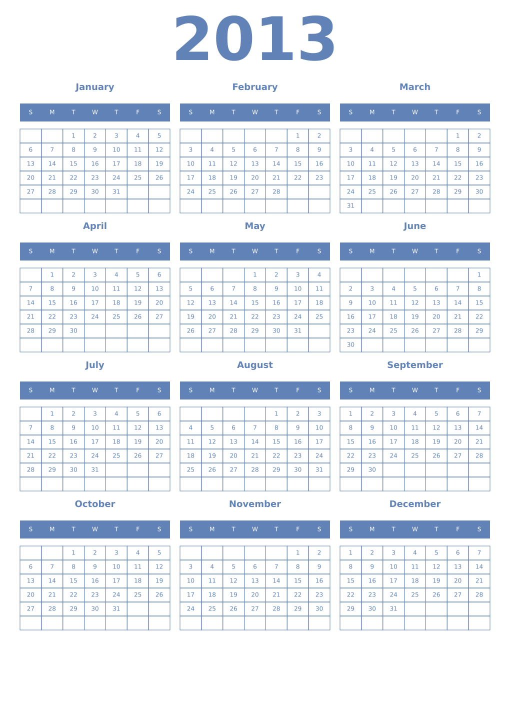 Printable 2013 Year Calendars glaucous