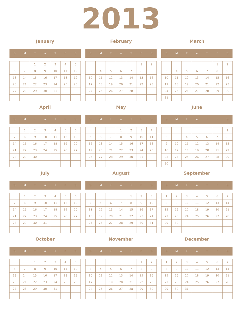 Printable 2013 Year Calendars isabelline