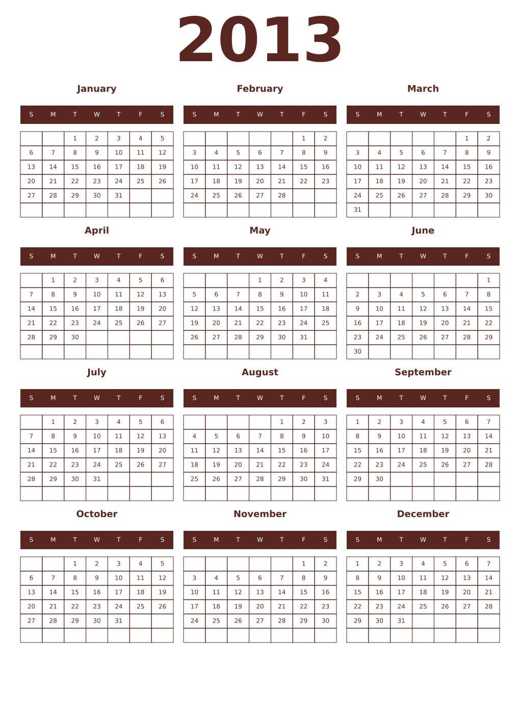 Printable 2013 Year Calendars mortuum