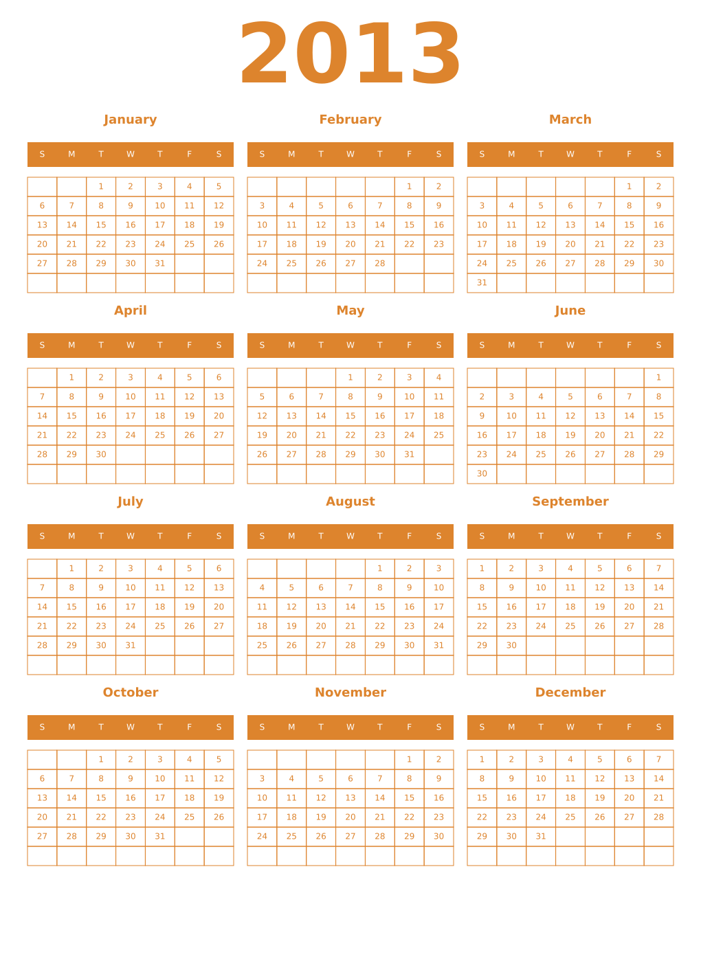 Printable 2013 Year Calendars orange