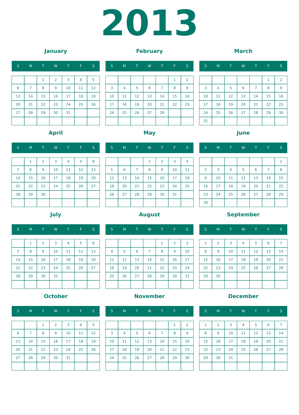 Printable 2013 Year Calendars pastel