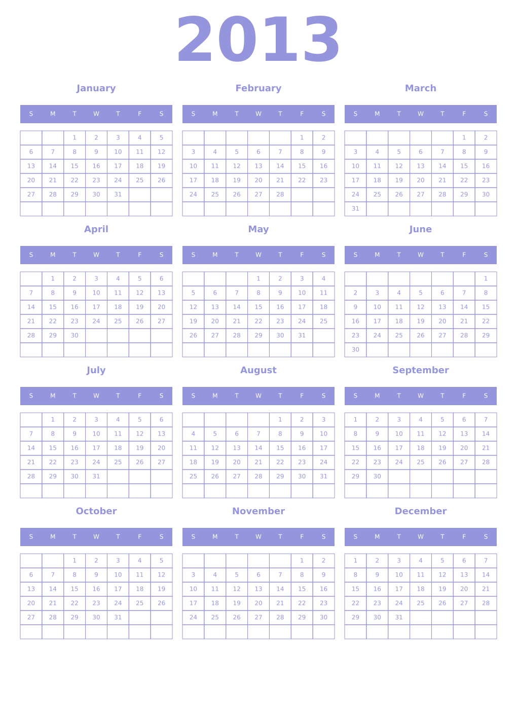 Printable 2013 Year Calendars periwinkle