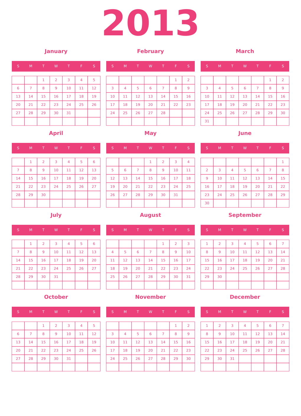 Printable 2013 Year Calendars pink