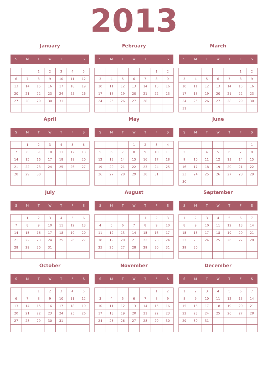 Printable 2013 Year Calendars puce