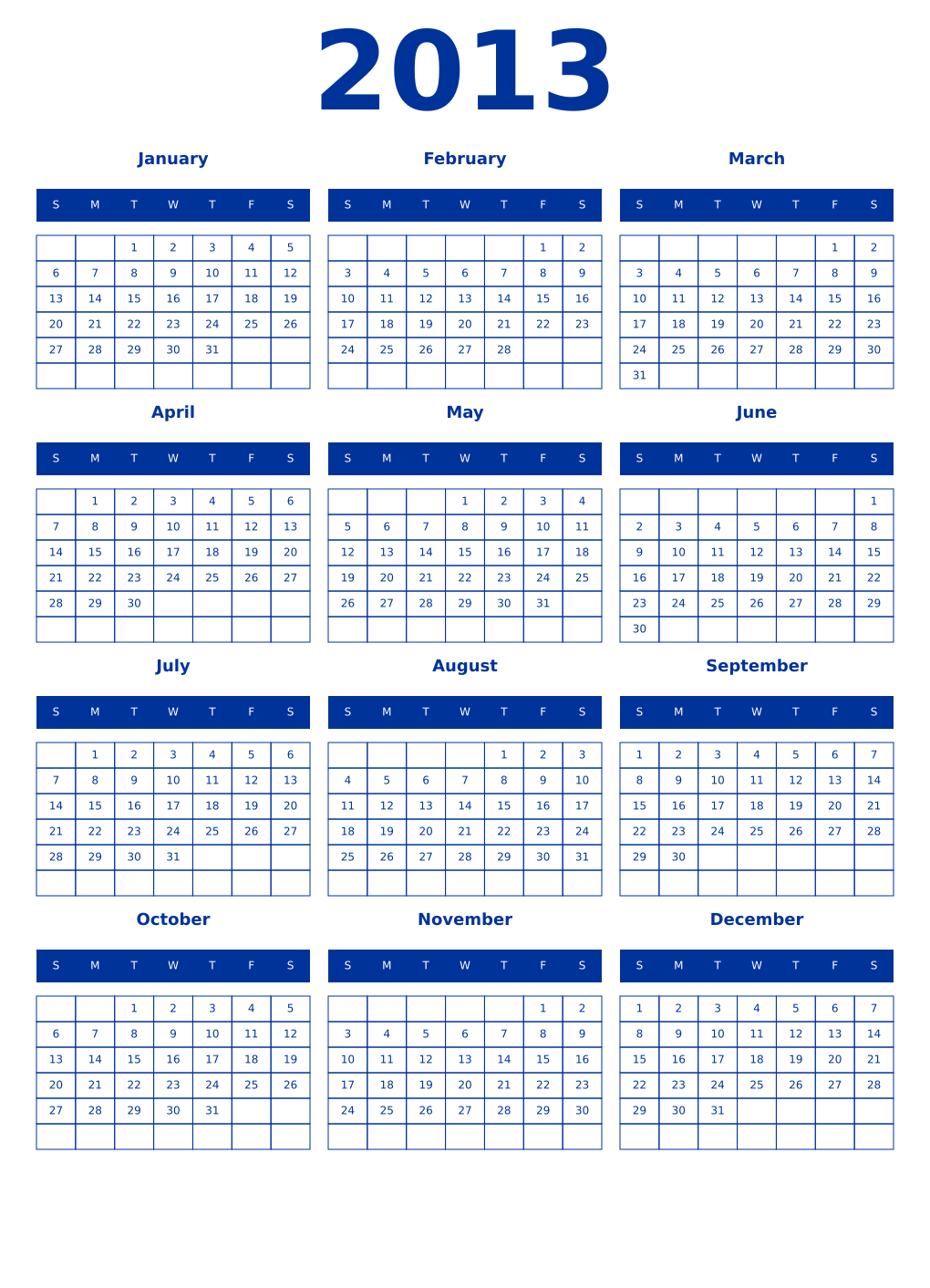 Printable 2013 Year Calendars smalt