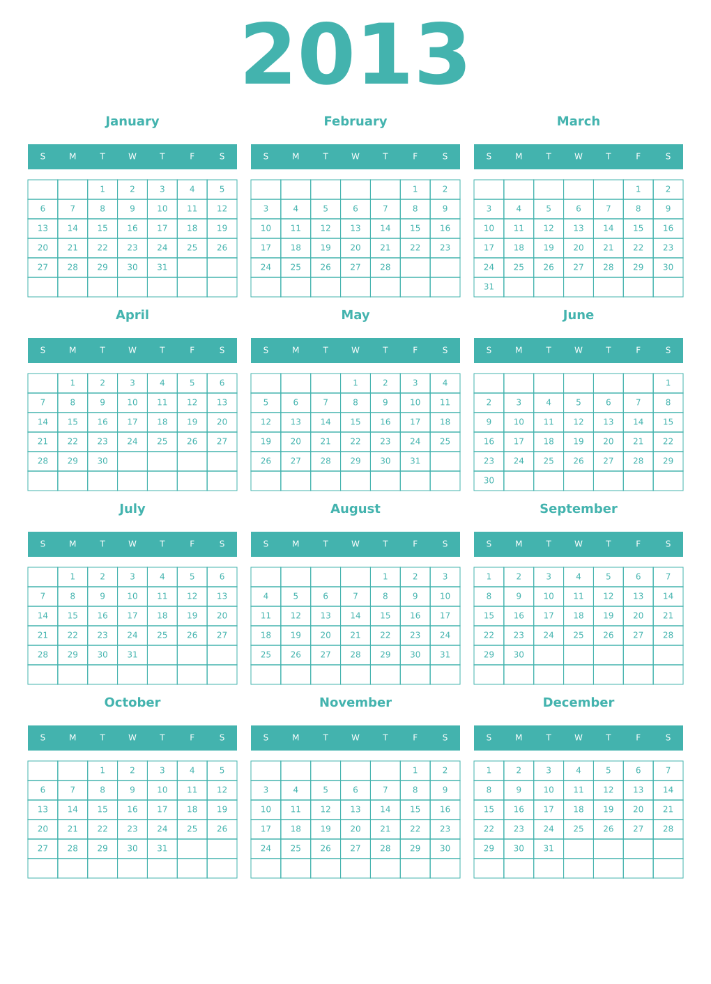 Printable 2013 Year Calendars verdigris