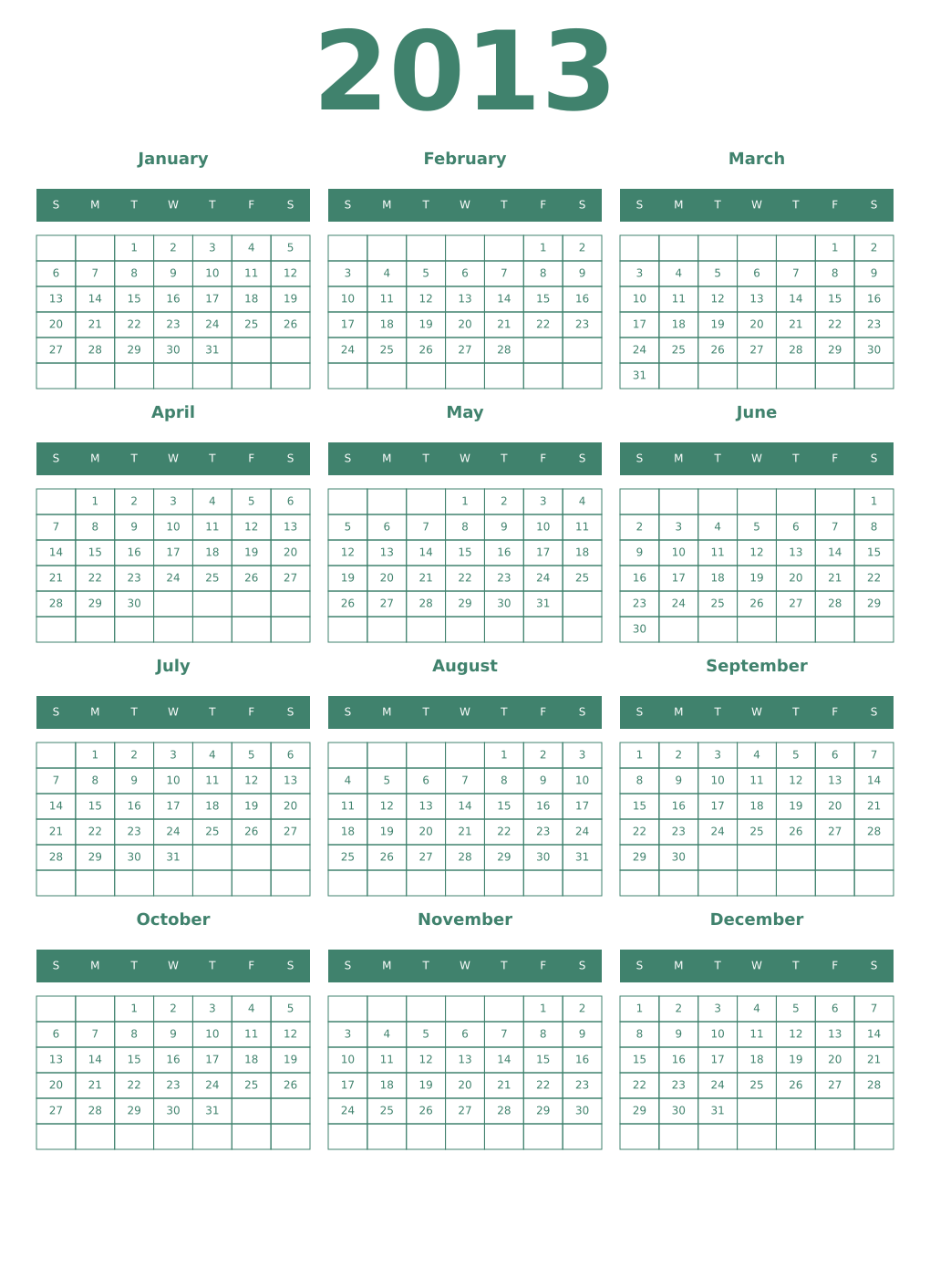 Printable 2013 Year Calendars viridian