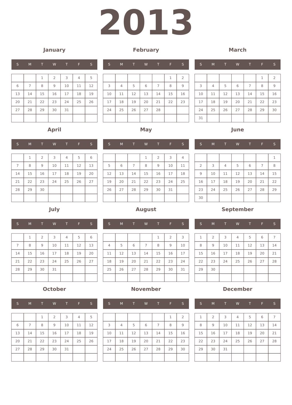 Printable 2013 Year Calendars wenge