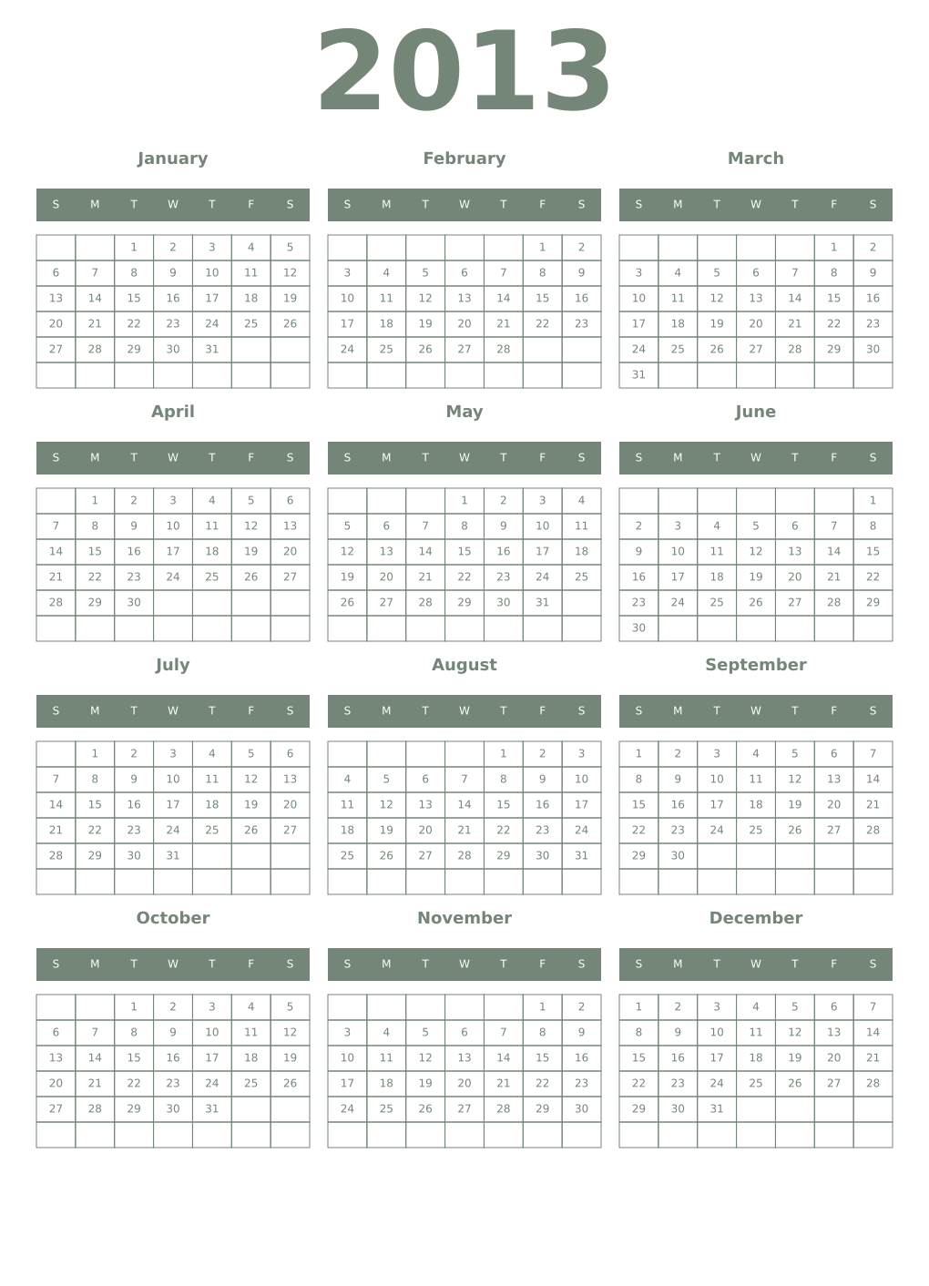 Printable 2013 Year Calendars xanadu