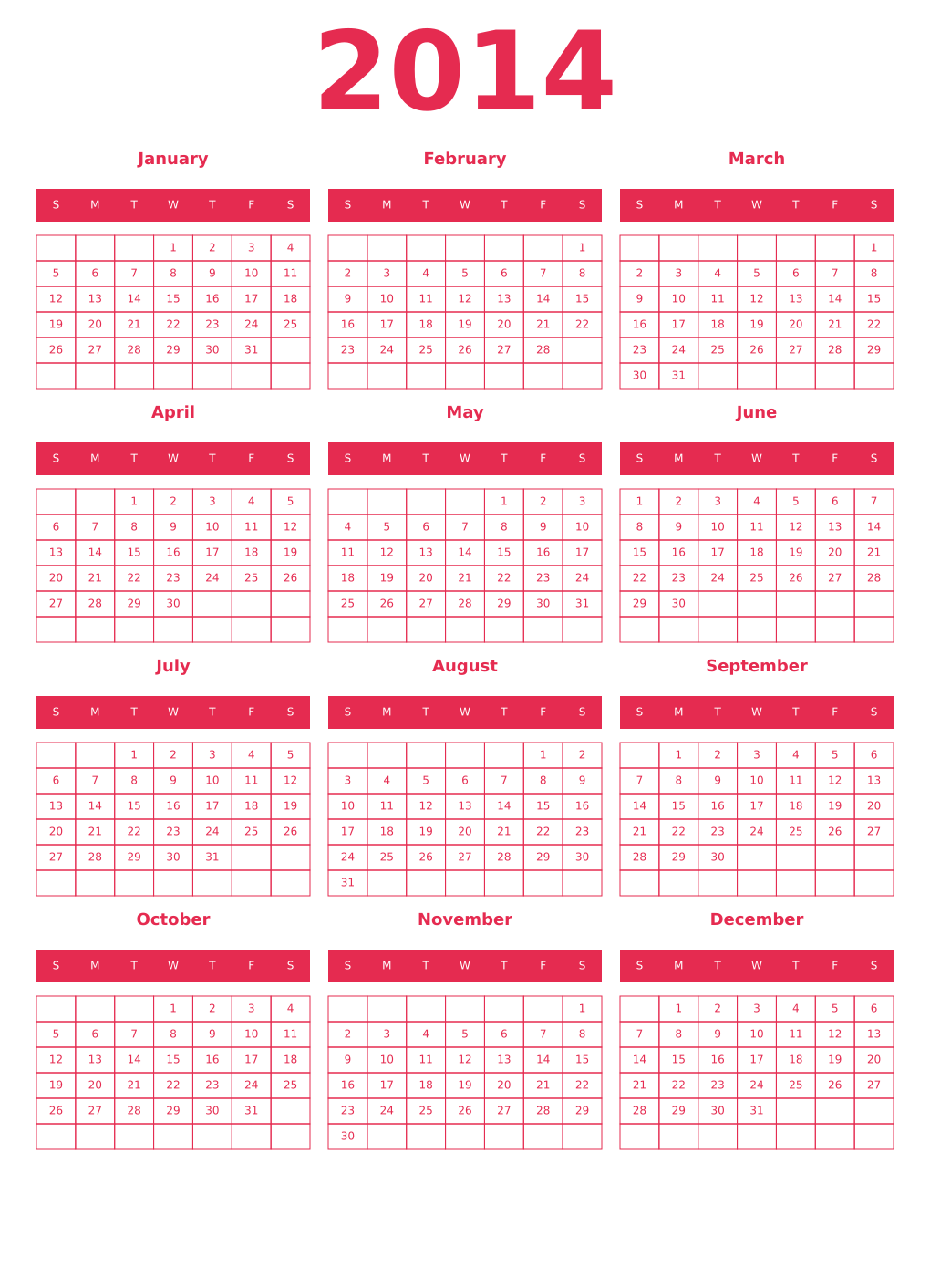 Printable 2014 Year Calendars amaranth
