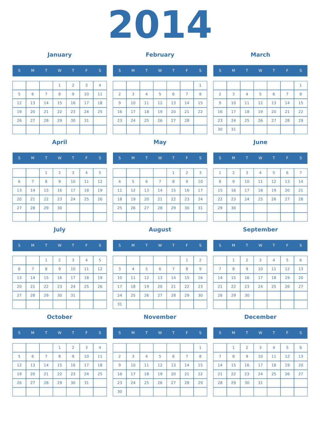 Printable 2014 Year Calendars blue