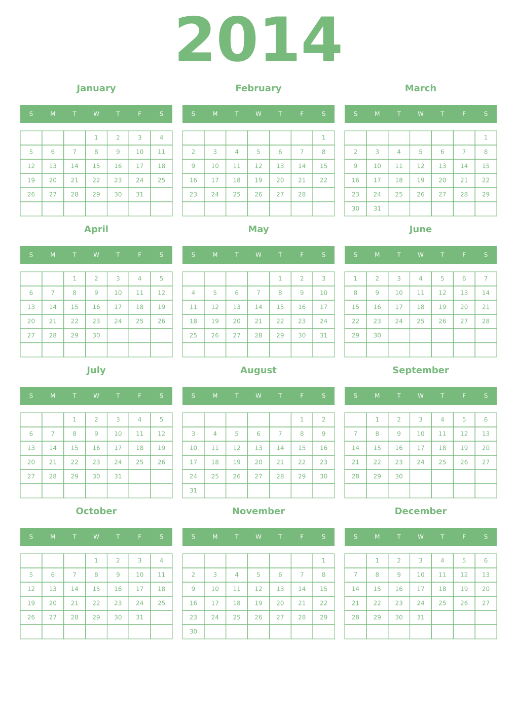 Printable 2014 Year Calendars celadon