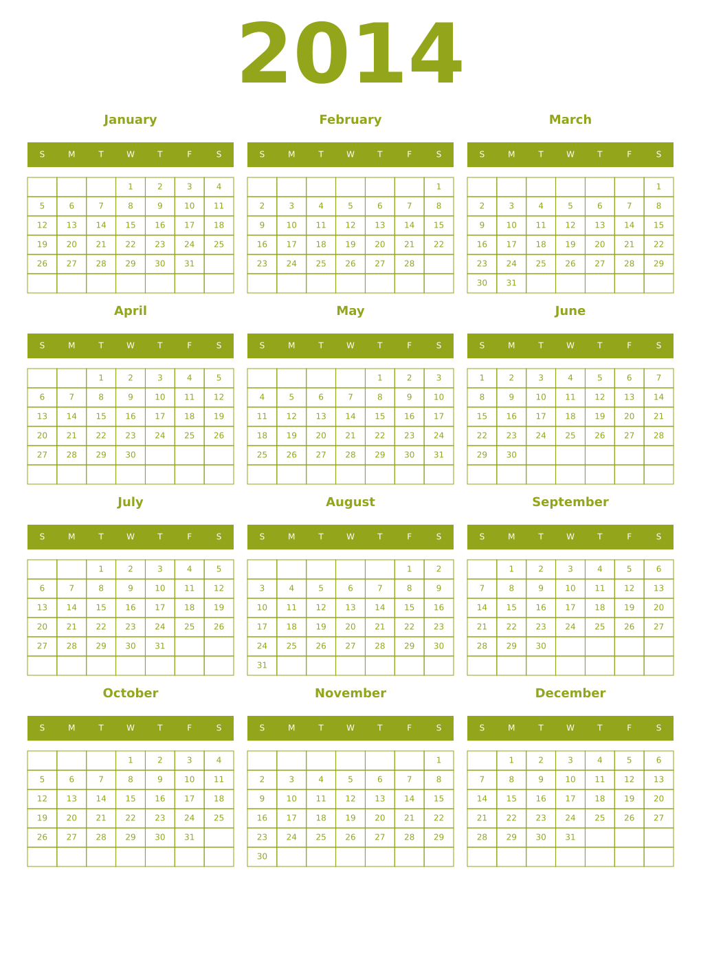 Printable 2014 Year Calendars chartreuse
