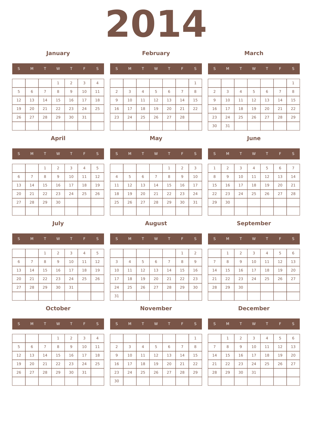 Printable 2014 Year Calendars coffe