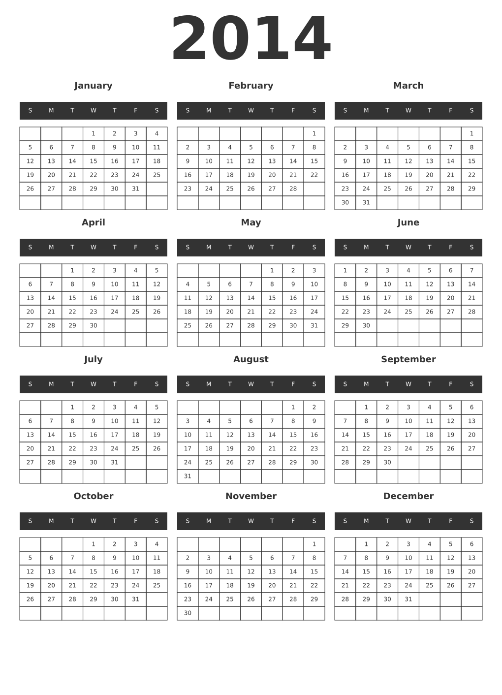 Printable 2014 Year Calendars dark