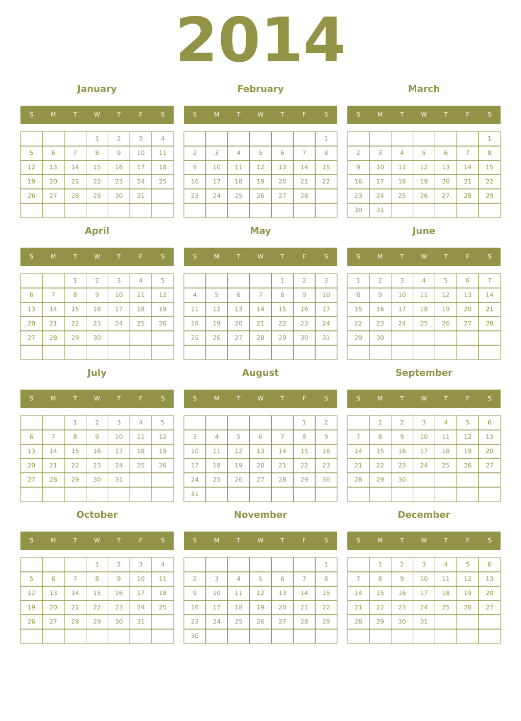 Printable 2014 Year Calendars eburnean
