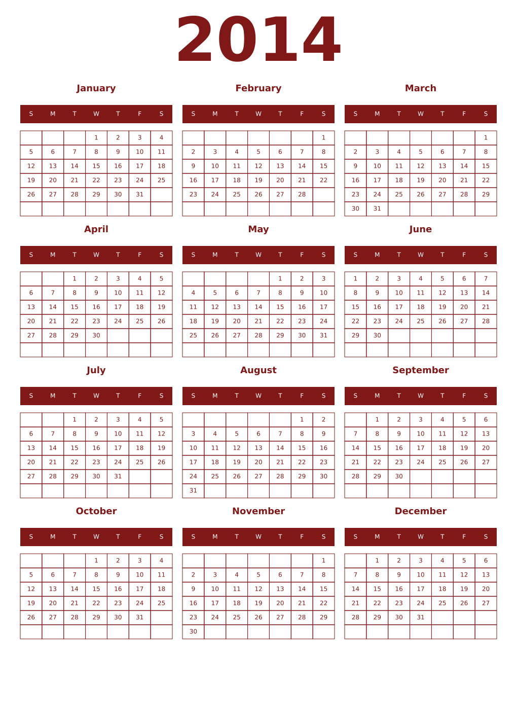 Printable 2014 Year Calendars falu
