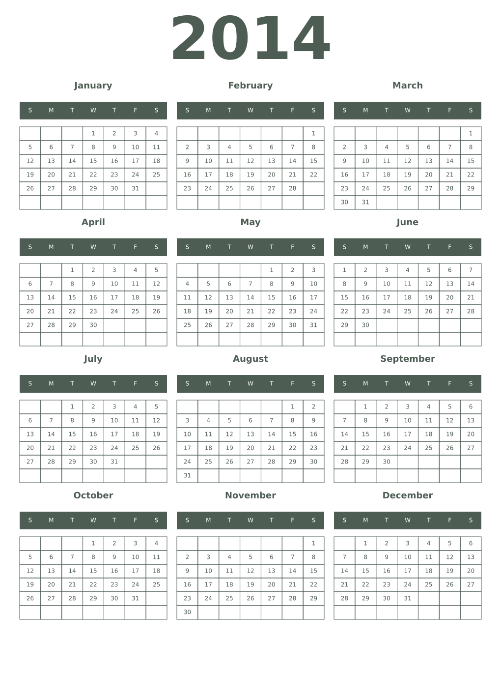 Printable 2014 Year Calendars feldgrau