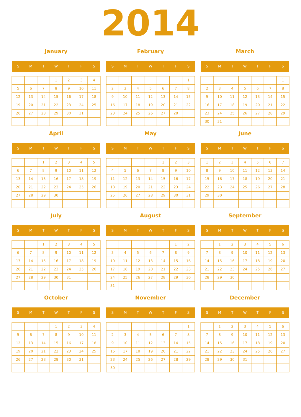 Printable 2014 Year Calendars gamboge