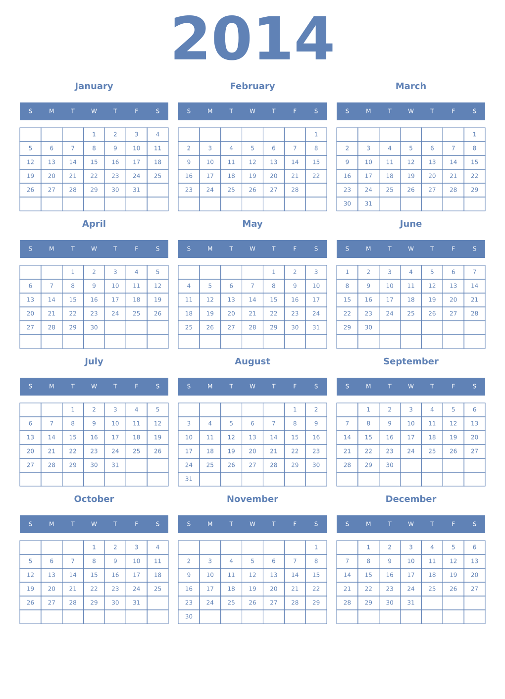 Printable 2014 Year Calendars glaucous