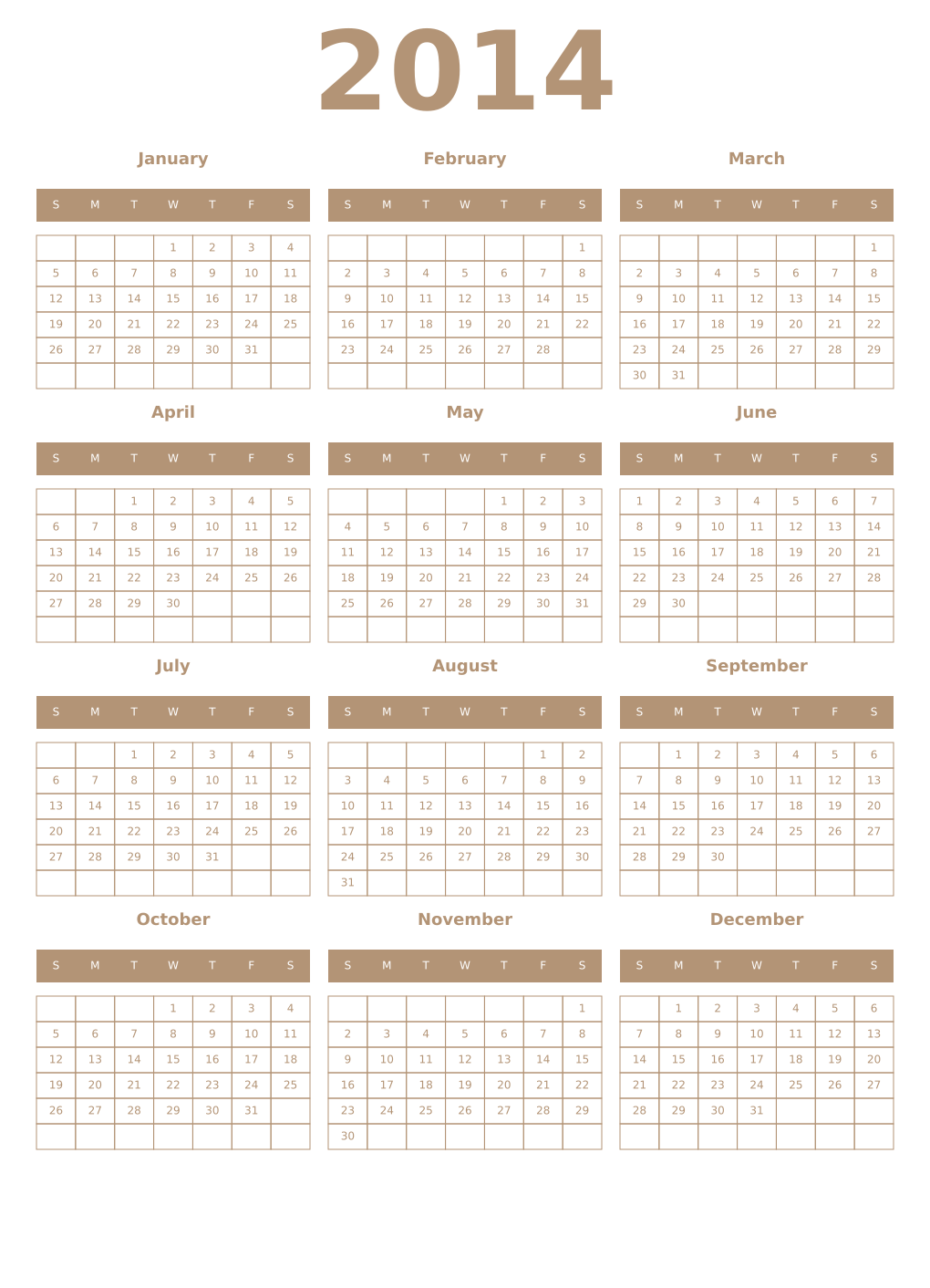 Printable 2014 Year Calendars isabelline