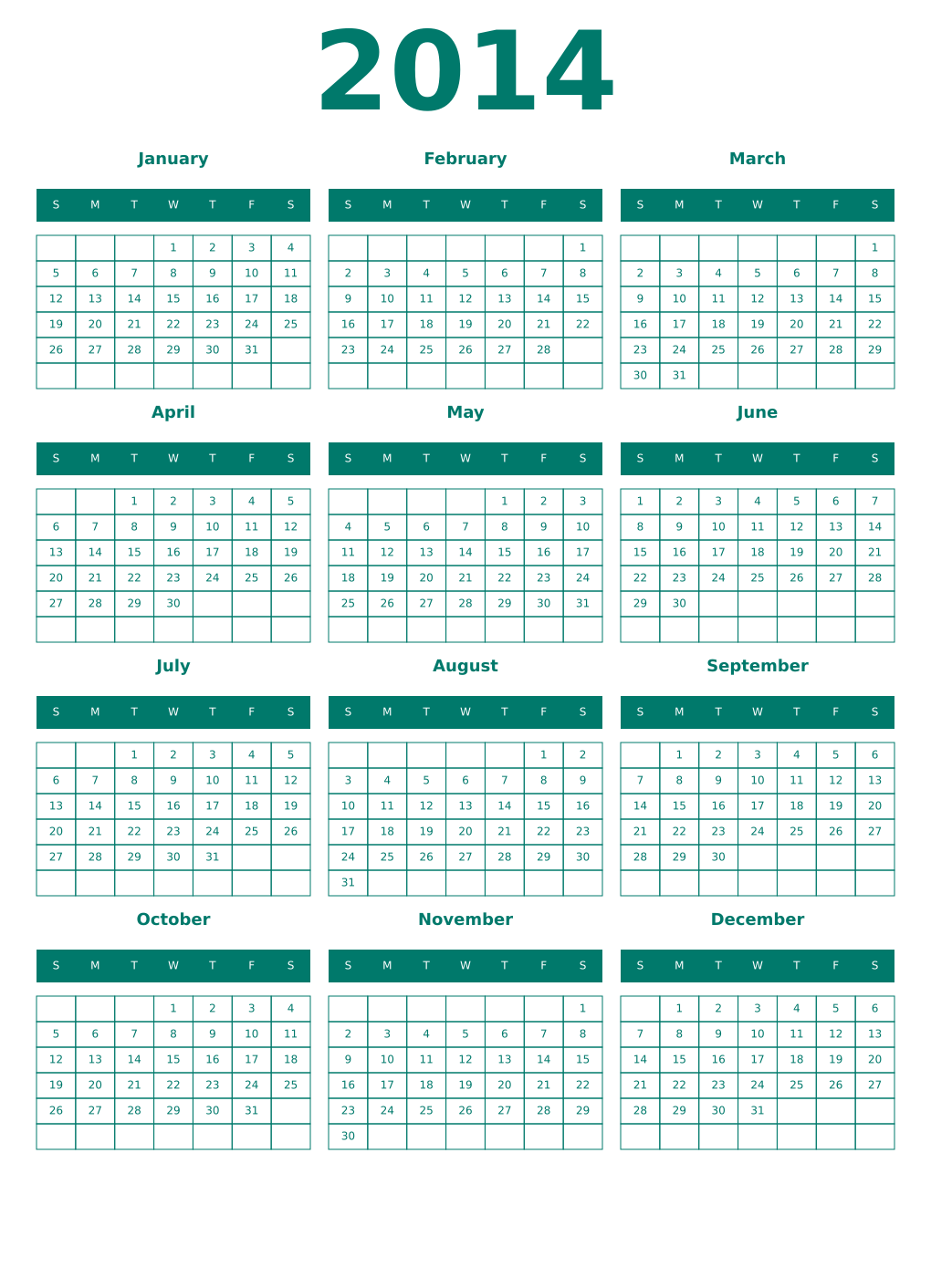 Printable 2014 Year Calendars pastel