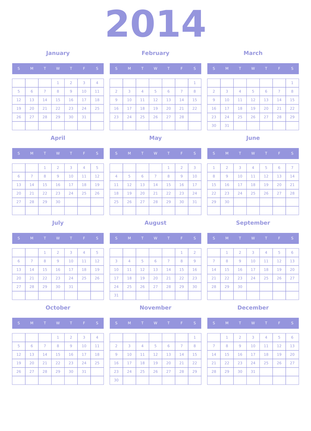 Printable 2014 Year Calendars periwinkle