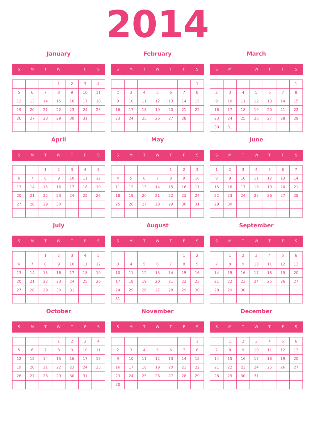 Printable 2014 Year Calendars pink