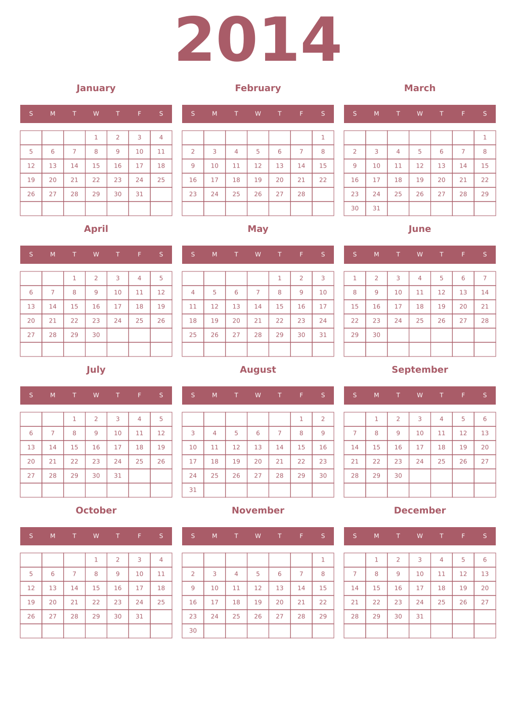 Printable 2014 Year Calendars puce