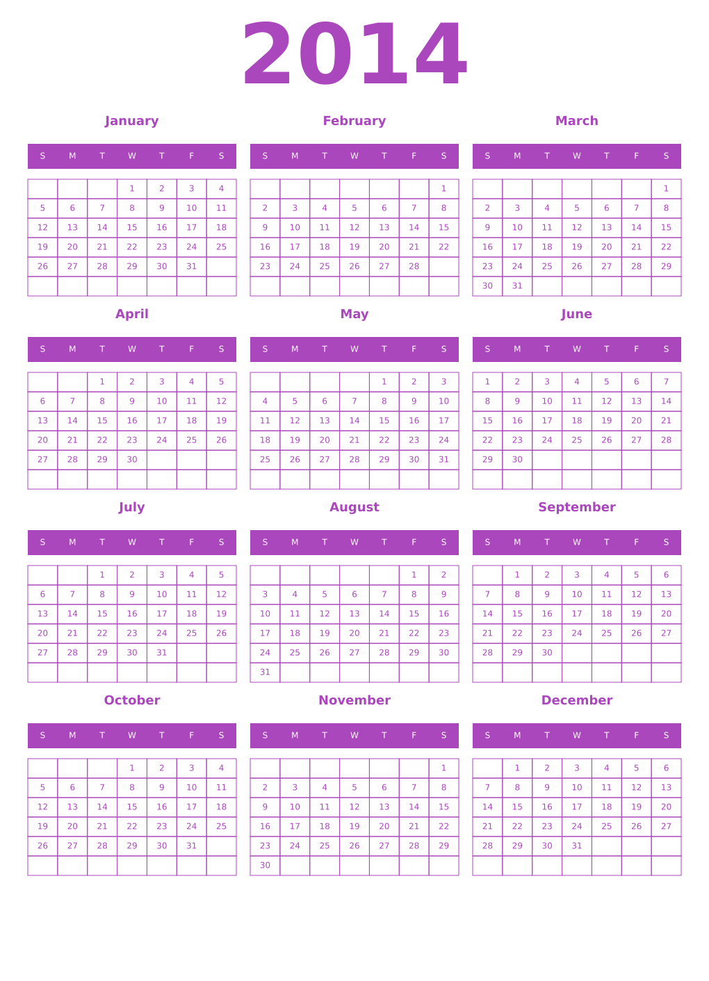 Printable 2014 Year Calendars purple