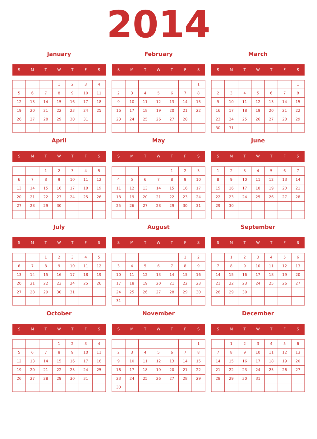 Printable 2014 Year Calendars red